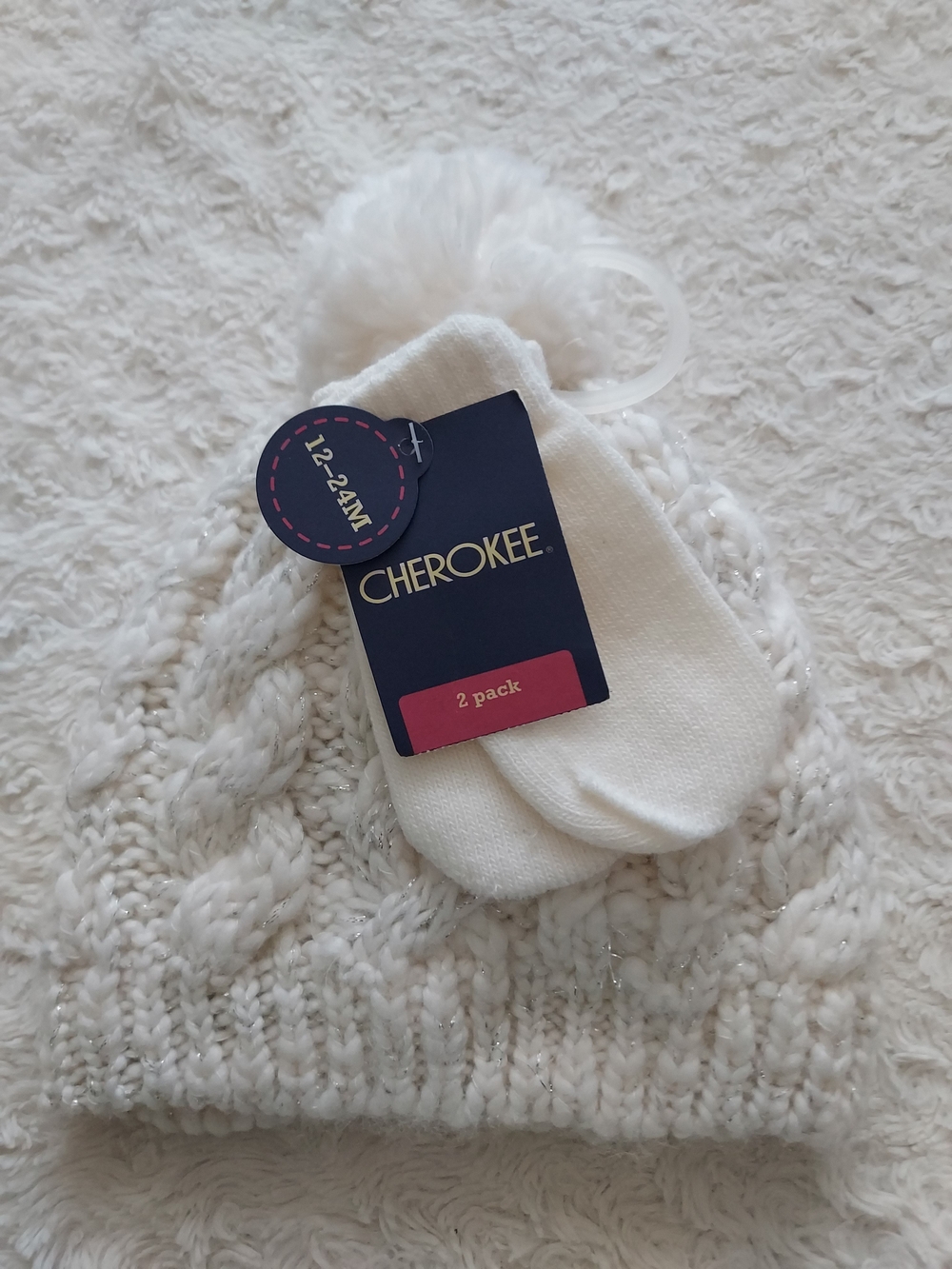Cherokee White Kids 12-24mo Pom Beanie & Mittens Set Winter Cool Weather Lined